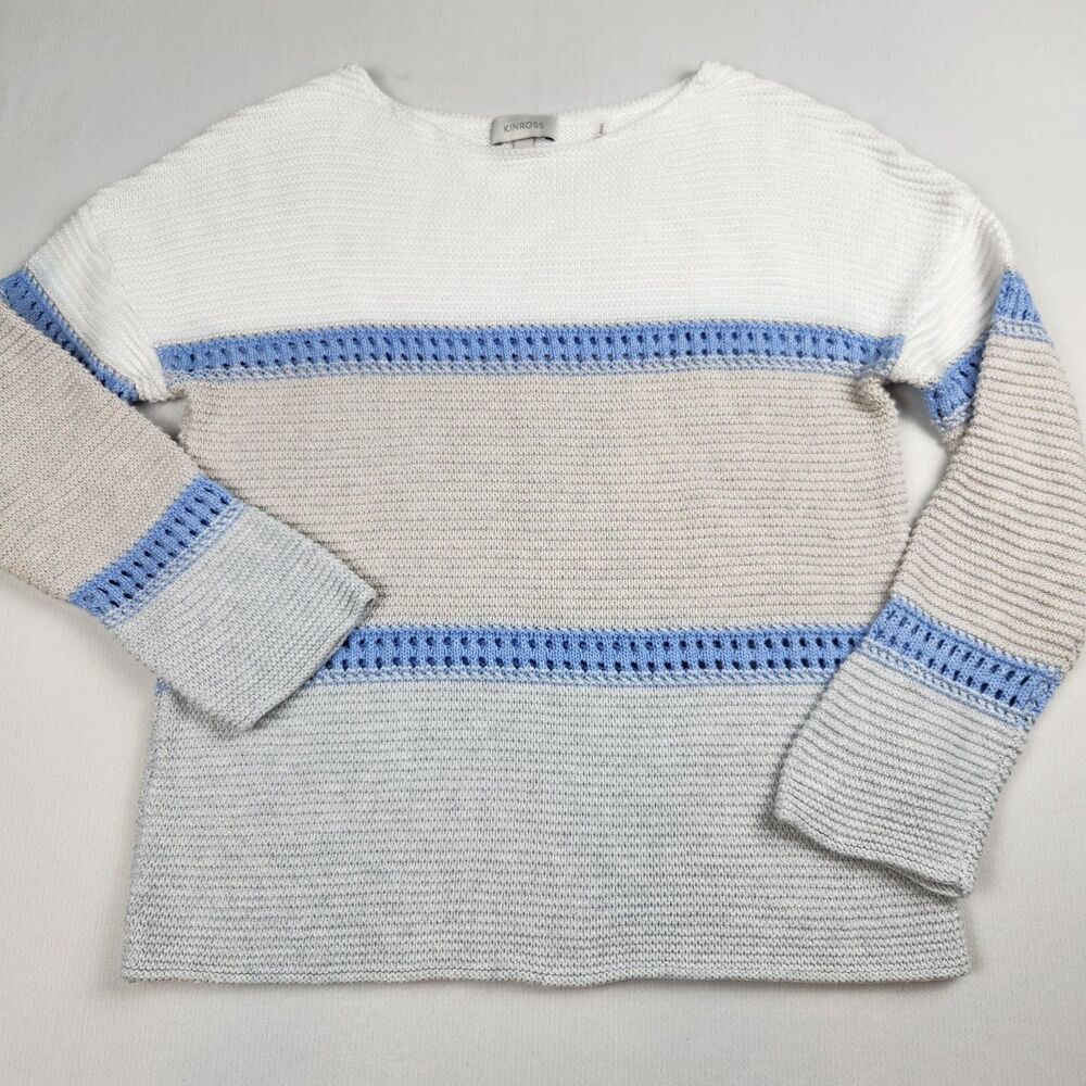 Kinross Colorblock Striped Sweater Womens SP Coastal Knit Open-Stitch Blue/Cream